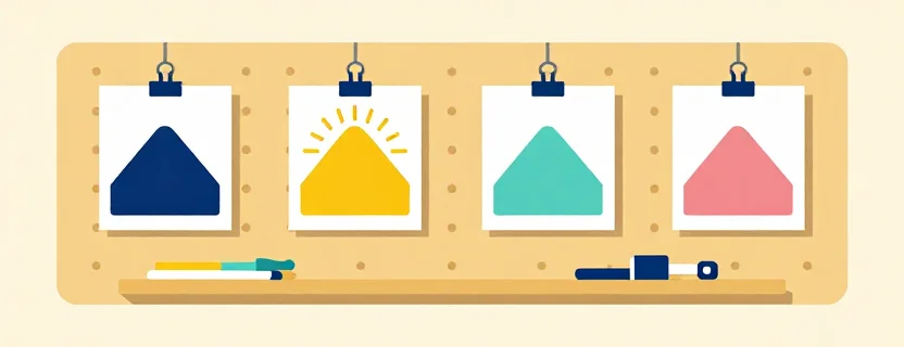 Flat illustration of four photo prints hanging on a workshop pegboard